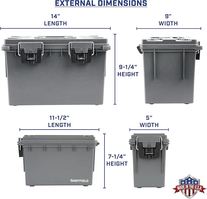 Sheffield 12755 2-Pack Combo Ammo Storage Boxes, .30 Cal and .50 Cal Field Boxes, Water and Dust Resistant, Lockable Storage Box with Handle for Hunting Gear and Bullets, Made in the USA, Gray