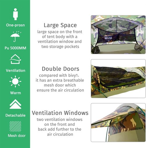 GEERTOP Ultralight Single Person Bivy Tent for Camp Waterproof 1 Man Tent for Camping Hiking Backpacking Hunting Outdoor Survival Gear - Easy Set Up