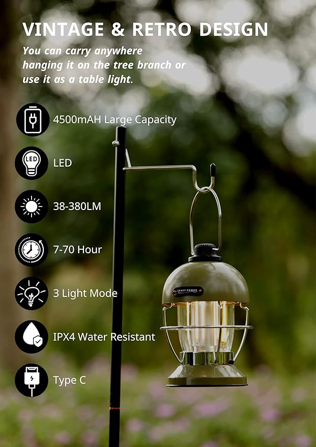 Crazy Power Camping Lantern Rechargeable LED Camping Light Premium Vintage Light 4500 mAh High Capacity Dimmable 3 Light Modes Waterproof for Camping Hiking Fishing Power Outages (CPG100 Green)