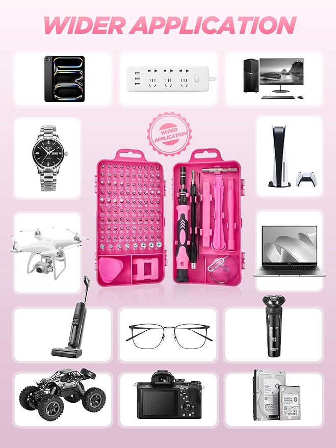 Pink Cordless Drill Set 142 Pcs, 21V Pink Power Drill Tool Set Kit with Storage Bag, Electric Drill Set for Women, Precision Screwdriver set, Magnetic Tool Belt, for Home DIY Projects