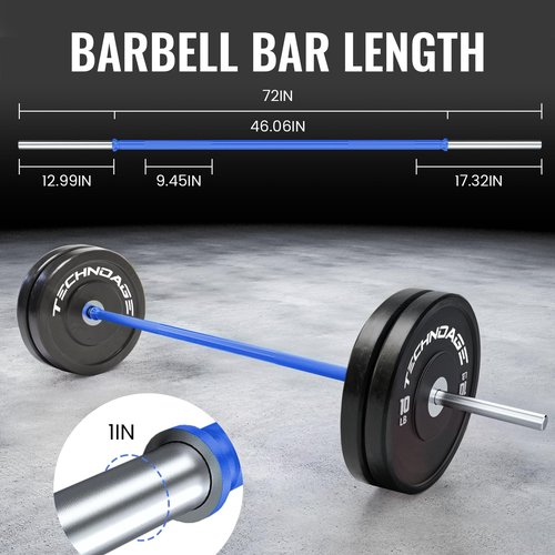 TECHNOAGE 6FT Olympic Barbell for Strength and Weightlifting Training, 1 Inch Olympic Bar Barbell for Squat, Curl, Deadlift, Bench Press, Overhead Press, Hip Thrust, 350LBS Capacity(Blue&Silver)