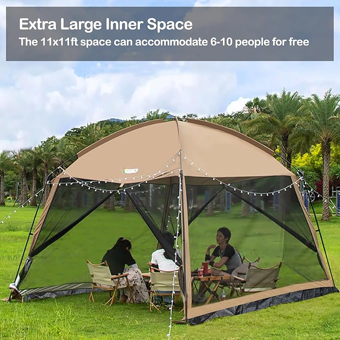 iCool Screen House 11 x 11 Ft Screened Mesh Net Wall Canopy Tent Screen Shelter Gazebos for Patios Outdoor Camping Activities - Beige