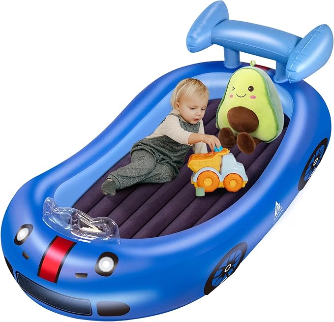 Inflatable Toddler Travel Bed with Avocado Hugging Pillow, Lightweight Portable Raised Sides Racecar Toddler Air Mattress, Kids Blow Up Mattress for Home, Hotel, Camping Use, 300 lbs Max