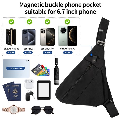 OSOCE Sling Bag for Men,RFID Crossbody Hiking Backpack Chest Shoulder Tactical Bag with Water Bottle Bag for Travel (Black, Small)