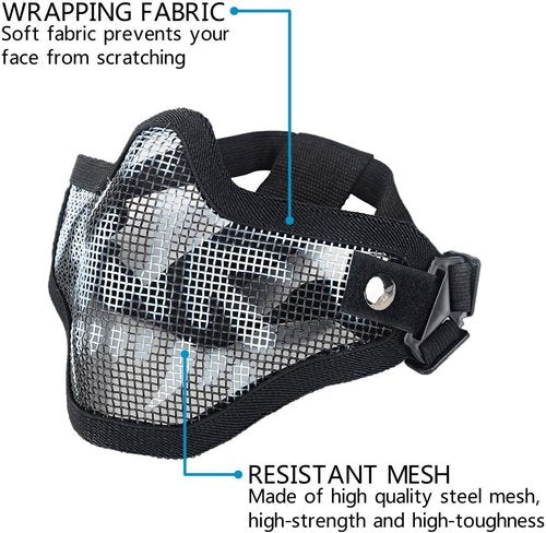Airsoft Mask and Goggles - Airsoft Half Lower Face Mask Steel Metal Mesh for BB Gun/CS Game/Paintball/Shooting/Cosplay - Anti-UV Adjustable Combat Tactical Military Goggles for Men Women Kids