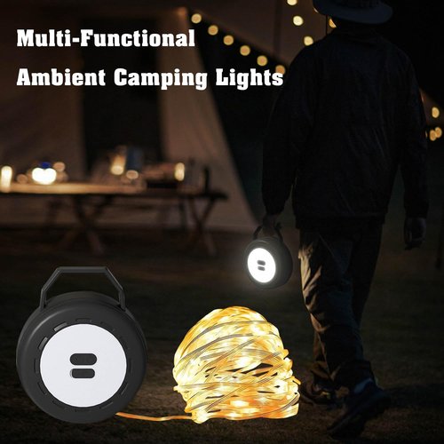 Leehuinii Retractable Camping String Lights Reel, Portable Stowable Rechargeable Strip Light, Waterproof Tent Lantern for Outdoor Hiking Awning Garden Party Festival Decor (Black)
