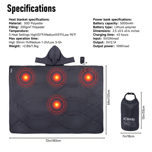 iClimb Heated Camping Blanket with Hood and Battery Pack (Dark Grey)