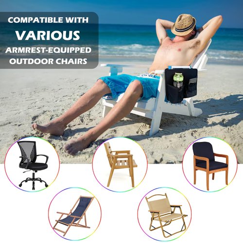 Pikpops Beach Chair Cup Holder, Camping Side Hanging Organizer Pouch, Armrest Caddy Pocket Attachment for Water Bottle, Tumbler, Tablet, Snacks