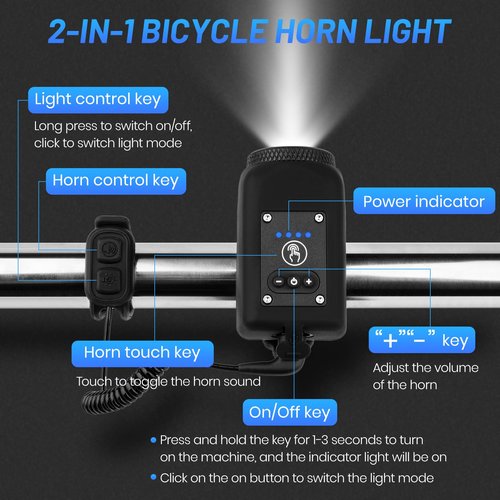 Bike Horn with Light, 110 dB Bicycle 2 in 1 Electric Horn Front Headlight, USB Rechargeable, 6 Sounds and 4 Light Modes Ipx5 Bikes Accessories for Road Mountain Cycling Night Riding. (Black)