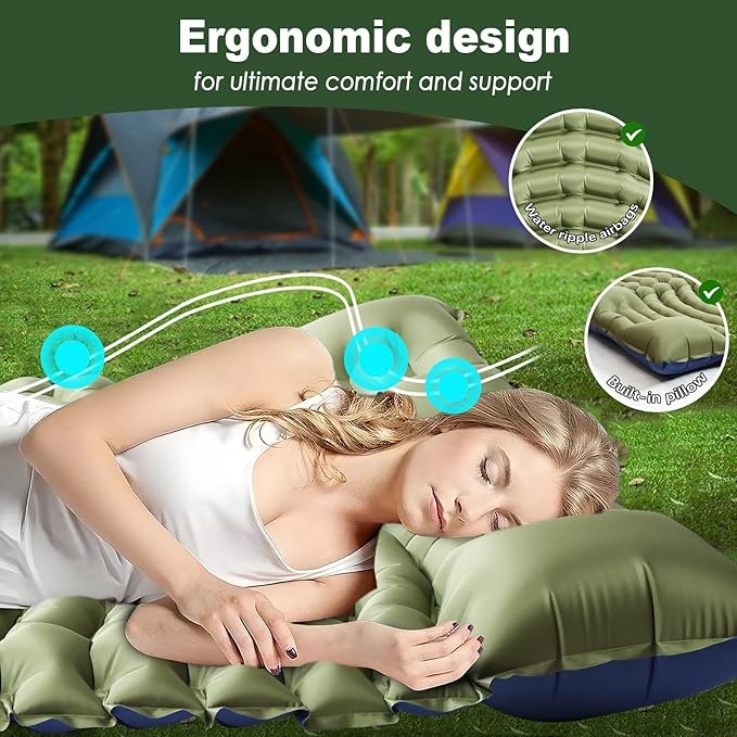 Double Sleeping Pad for Camping - Ultralight Camping Mattress with Pillow, Built-in Foot Pump, Compact Inflatable 2-Person Portable Mat for Backpacking, Hiking, Car Traveling, Beach, Tent