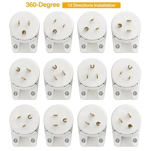 12-Direction Adjustable Nema 5-15P Right Angle Plug - 15A, 125V, White, ETL Verified