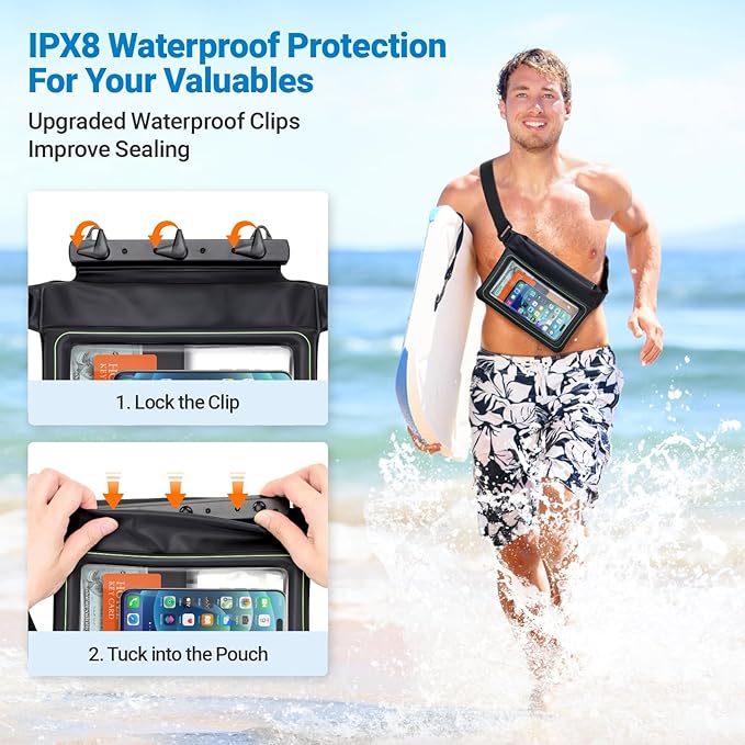 F-color Waterproof Fanny Pack Floating - Waterproof Pouch with 35oz Buoyancy - Cruise Essentials Must Haves Fanny Pack Keep Phone Valuables Safe for Kayaking Beach, 2 Pack
