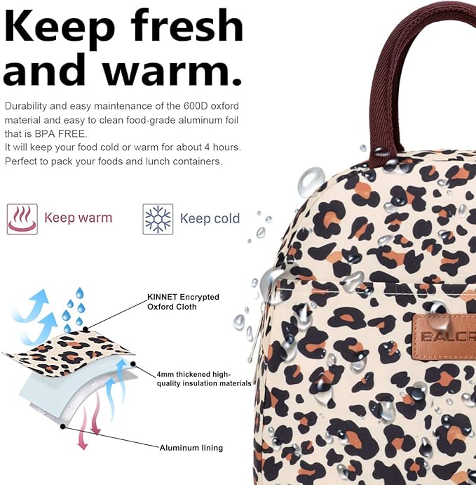 BALORAY Lunch Bag for Women Men Insulated Lunch Box for Adult Reusable Lunch Tote Bag for Work, Picnic or Travel (Beige with leopard)