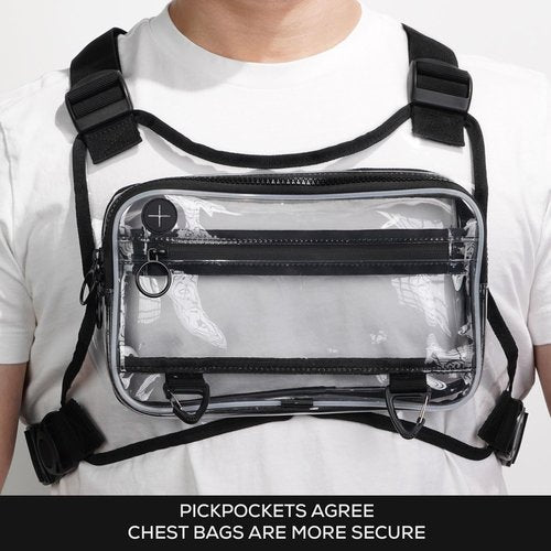 Unique Clear Bag for Stadium Events, Transparent Chest Clear Backpack for Stadium Events, Fanny Packs for Women & Men with Pockets & Adjustable Straps (Black)