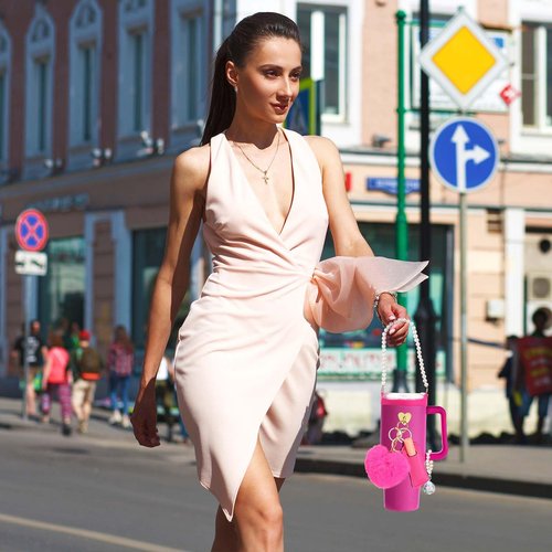 SiliFine Compatible with Stanley Cup 30&40oz Tumbler with Handle Accessories Including Silicone Water Bottle Handle Holder with Pearl Strap Beadable Charm Tumbler and Pompom Keychain(Rose Red,Classic)