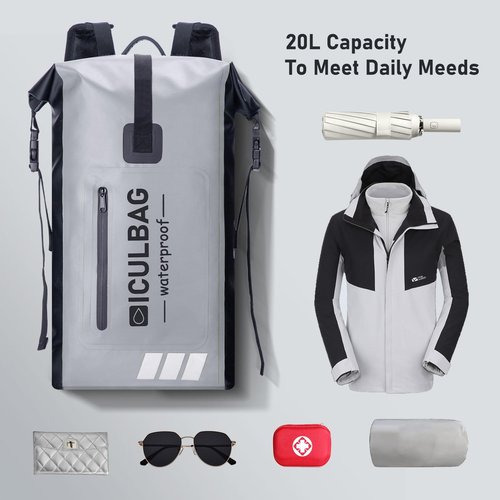 iculbag Dry Bags for Kayaking Waterproof Backpack for Women Men Waterproof Bag For Kayaking Boating Beach Travel Dry Bag Gray 20L