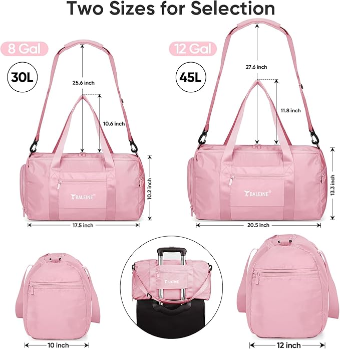 BALEINE Gym Bag for Women and Men, Duffel Bag for Sports, Gyms and Weekend Getaway, Waterproof Dufflebag with Shoe and Wet Clothes Compartments, Lightweight Carryon Gymbag (Pink)