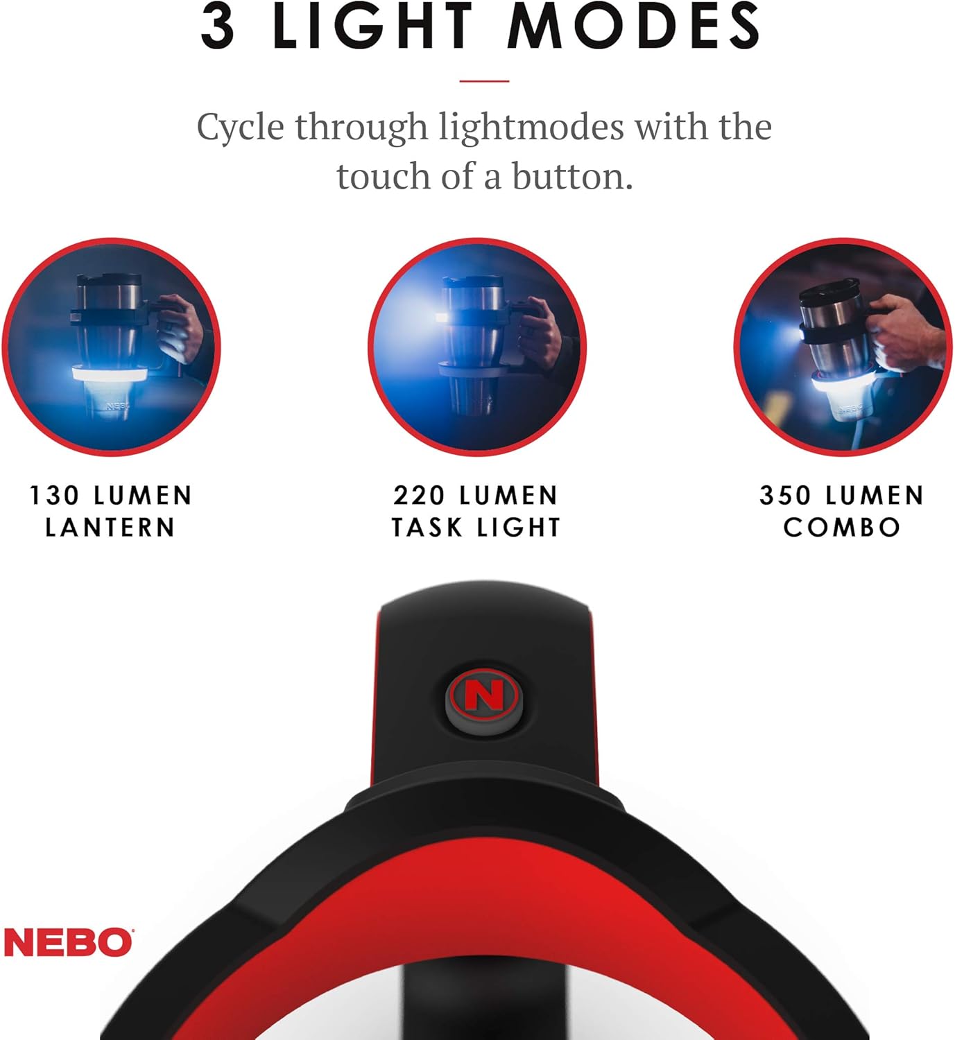 NEBO GLOW Tumbler Handle Light | 220 Lumens, 3 Light Modes, Fits 20 oz & 30 oz Coffee Tumblers, Water Resistant, Ergonomic Handle, LED Camping Lantern & Cup Cradle, Includes 3x AAA Batteries