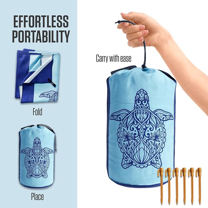 VENTURE 4TH Family-Size Beach Blanket: Sandproof, Waterproof, Lightweight & Compact. Includes Stakes and Carry Bag. 9x10 feet XXL Mandala Turtle