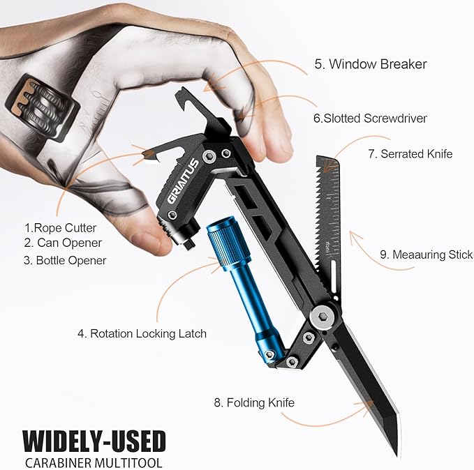 Carabiner Multitool with Pocket Knives, EDC Carabiners, Serrated Knife, Rope Cutter, Screwdriver, Can Bottle Opener, Ruler, Folding Knife for Camping Hiking, Gifts for Men (Blue)