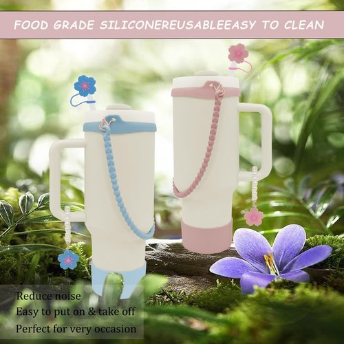 XIANGYUAN 6 Pcs Stanley Cup Accessories for Stanley Cup 40oz or 30oz,Includes Unique 10mm Flower Letter Straw Toppe,Water Bottle Handle Strap,Bottom Protector(Pink Flower)