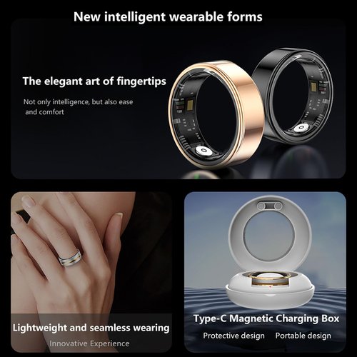 Bitzeit Smart Ring Fitness Tracker for Men Women, Health Sleep Heart Rate Blood Oxygen Tracker Smart Ring with Wireless Charger Box, IP68 Waterpro of Bluetooth Tracker Rings, Free APP (Golden#11)