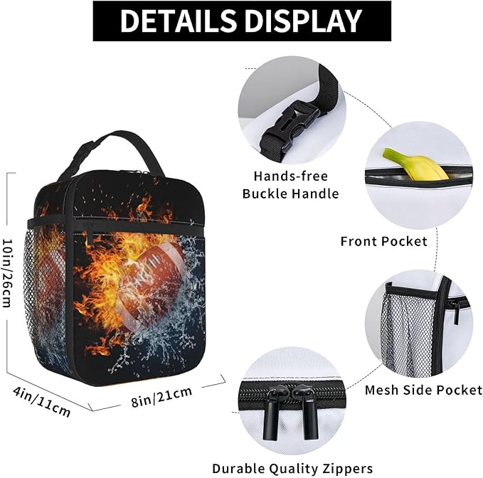 American Football Lunch Bag For Boys Girls, Reusable Fire Water Sport Lunch Box Insulated Portable Lunch Tote For Kids School Men Women Adults Work Travel