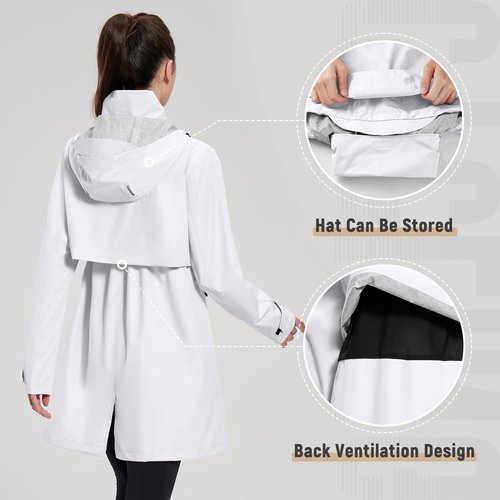 baleaf Women's Long Rain Coat Packable Waterproof Windbreaker Lightweight Cycling Jacket with Hood White M
