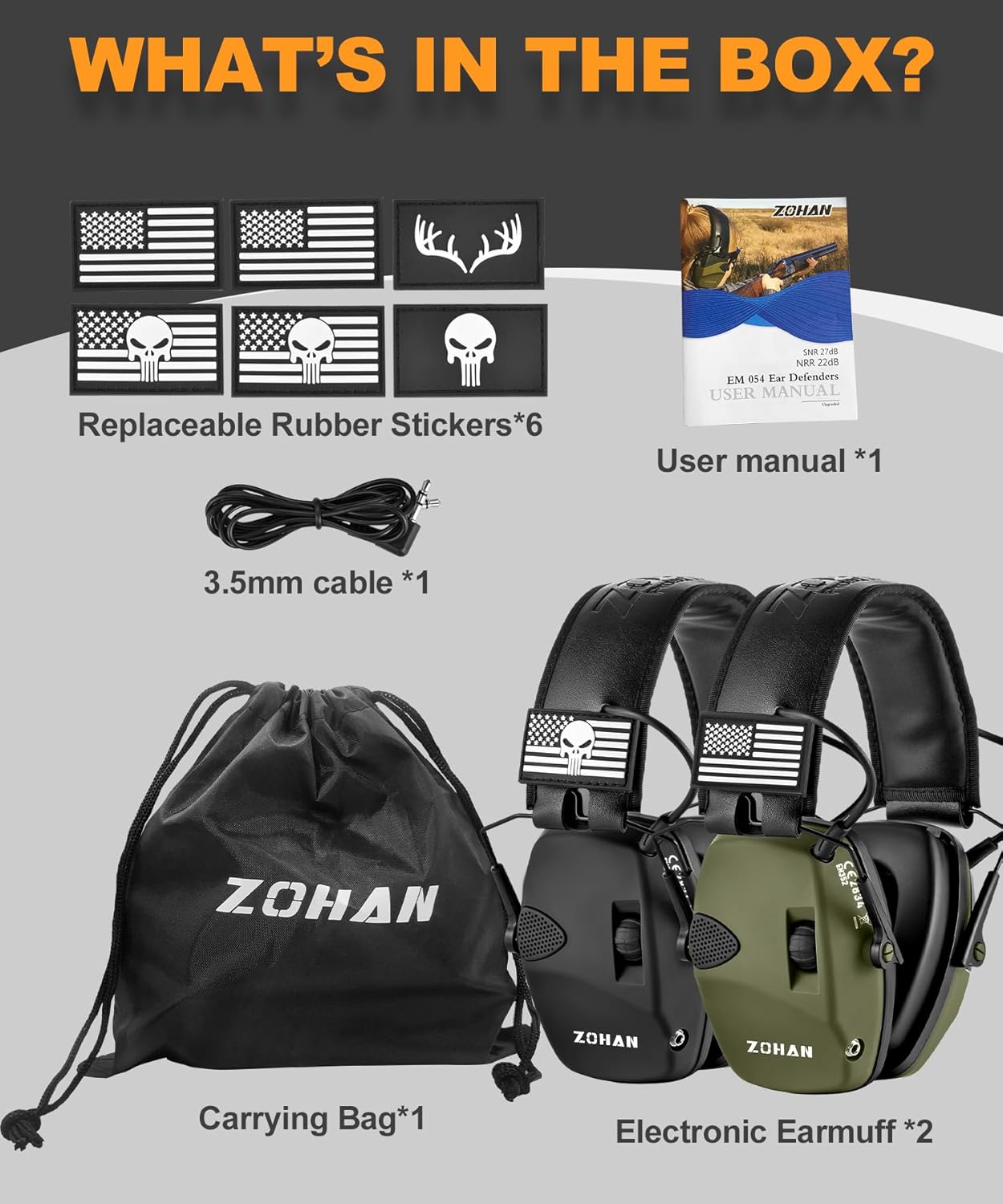 ZOHAN EM054 Electronic Shooting Ear Protection with Sound Amplification, Slim Active Noise Reduction Earmuffs for Gun Range