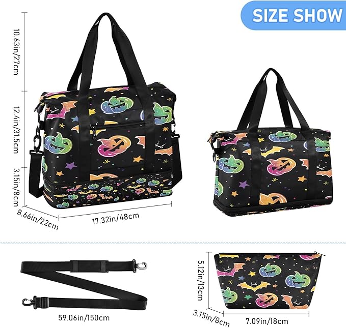 Pumpkins and Bats Travel Duffel Bag Waterproof Gym Sport Tote Bag Carry On Weekender Bag with Compartment