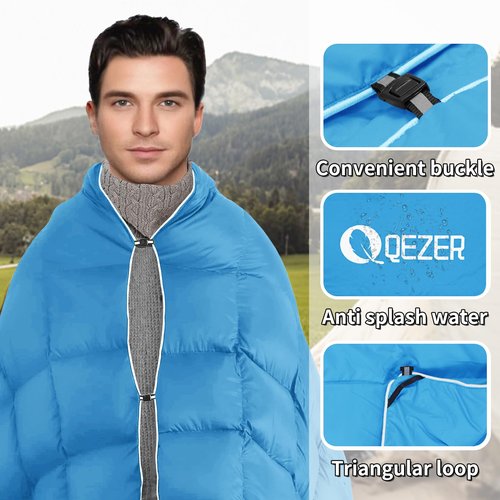QEZER Down Camping Blanket Packable,600+Fill Power，Multi-Purpose Warm Camping Quilt for Outdoor Camping, Backpacking, and Hiking, 73x53 inches.（Blue）