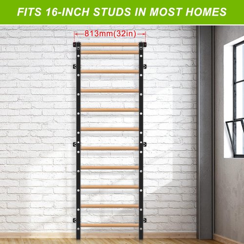 Lifeswell Wood Stall Bar, 2"x2" Swedish Ladder with 1" Hole, 11 Strategic Rods, Wall Mounted Suspension Trainer for Home, Gym, School and Clinic