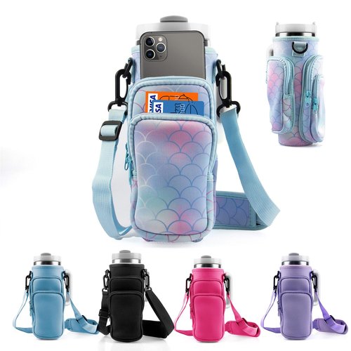 WNGERGOU Water Bottle Carrier Bag with Phone Pocket for Stanley, Water Bottle Holder with Strap for Stanley Accessories 30oz, Stanley Cup Accessories Total 3 Pockets (30oz-fish scales)