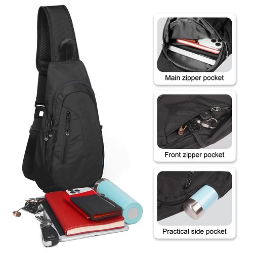 TITECOUGO Small Sling Bag Lightweight Crossbody Bag for Women Men Hiking Backpack Travel Shoulder Bag Chest Daypack for Gym Work Outdoor Sports Black Black