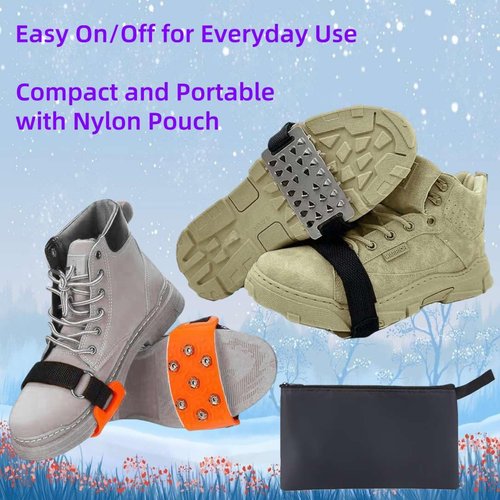 One Fit All Ice Cleats for Shoes and Boots Size 3.5-10.5, Quick Slip On Ice and Snow Grips with Add-On Straps for Men, Women and Kids, Everyday Use Mid-Sole Traction for Hiking, Walking Commuting