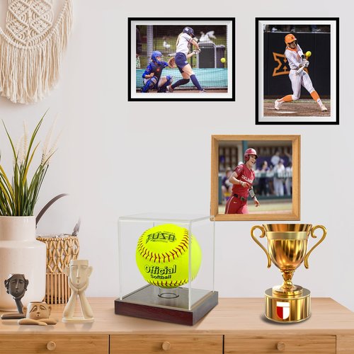 Softball Display Case with Wooden Base, 3mm Clear Acrylic Softball Holder Box, Dustproof Softball Case with Stand for Autographed Ball – 4x4x4.8 inch
