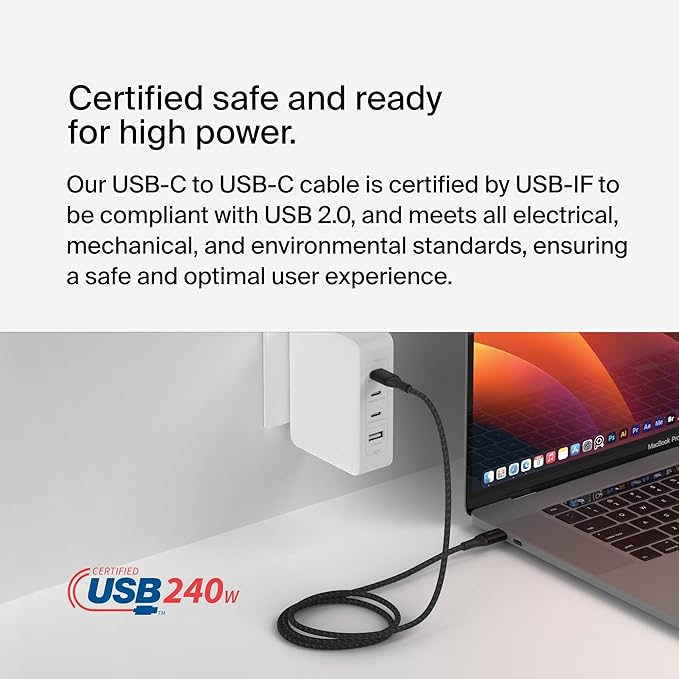 Belkin USB C to USB C Cable, 3.3ft, 240W - Type C Charger, iPhone Charger Cord, Fast Charging for iPhone 16, Galaxy S25, Pixel 9, MacBook, Chromebook, iPad Pro, Switch Steam Deck - Black