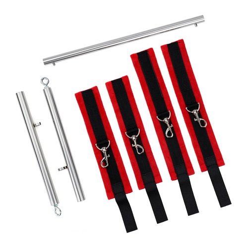 Spreader Bar Heavy Duty Stainless Steel Expandable Silver Bar Home Gym with 4pcs Furry Red Adjustable Straps,Sports Aid Training Fitness Gear Pilates Aid Kit (Silver+Red Furry Kit)