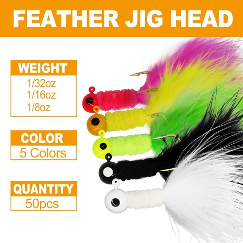 INFISHCEO 50PCS Crappie Fishing Jigs Hook Kit Feather Hair Jigs for Crappie Fishing baits Lures Panfish Trout 1/8 1/16 1/32 oz