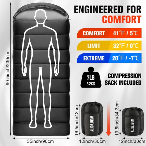 WERTYCITY Sleeping Bags for Adults Cold Weather & Warm, Lightweight Compact Camping Backpacking Sleeping Bag for Kids Girls Boys with Compression Sack for Outdoor & Indoor
