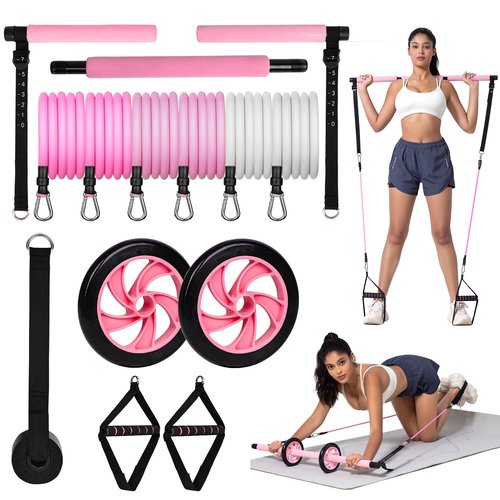 Ocomcap Pilates Bar Kit with Resistance Bands, Pilates Equipment Exercise Bars with Rollers for Abdominal Exercise, Portable Home Gym Equipment, Men's and Women's Total Body Exercise Equipment
