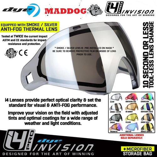 Maddog Dye I4 PRO Thermal Dual-Pane Anti-Fog Lens Paintball Airsoft Mask Goggle System Combo with Microfiber Storage Bag | High Performance Safety Certified Protection - Shadow (Black/Grey)