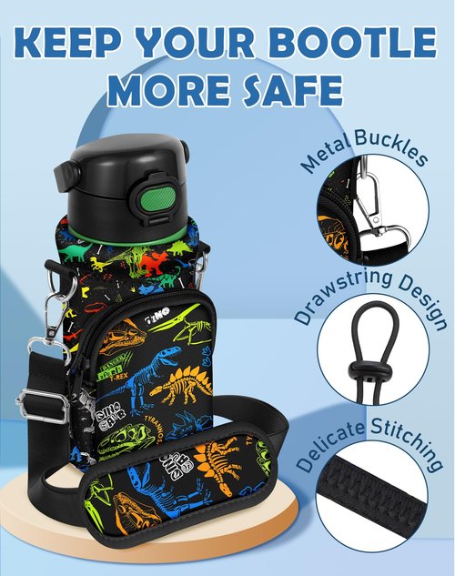 Miss Adola Water Bottle Carrier with Strap - Cute Cartoon Insulated Water Bottle Carrier Bag with Pocket Neoprene Bottle Holder Bag for 14/16/18/20 oz Stainless Glass Bottles Sleeve, Dinosaur Bone