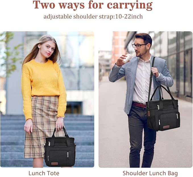LOKASS Lunch Bag for Women/Men Work, 16L Expandable Double Deck Lunch box, Waterproof Leak-proof Cooler Bag, Portable Meal Prep Lunchbag with Adjustable Shoulder Strap-Black