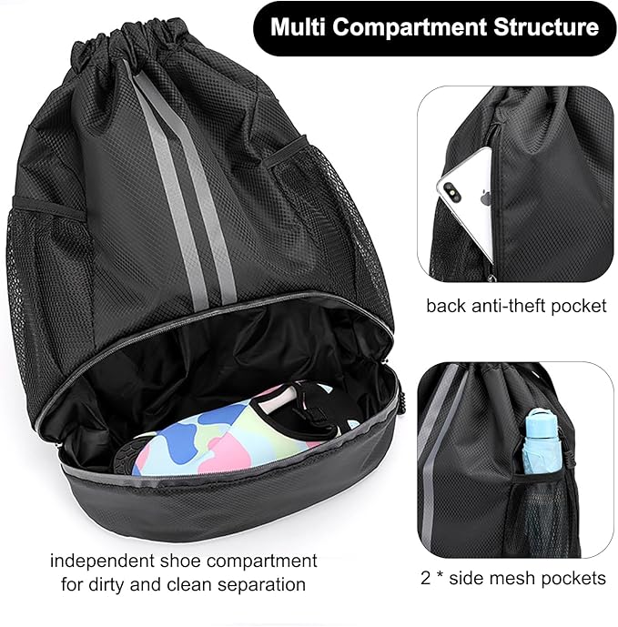 Swim Bag Drawstring Backpack with Wet Pocket Shoe Warehouse String Bag Sackpack for Beach Swimming Pool Gym Sports (Black)
