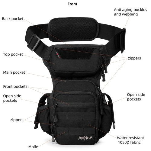 AMHEH Drop Leg Thigh Bag Hip Pouch 4.5L Black | Military, Tactical, Motorcycle, Bike, Cycling, Hiking, Outdoor, Adjustable for Waists Up to 59 Inches