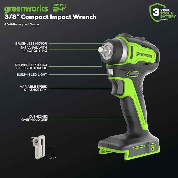 Greenworks 24V Brushless 2 pcs Cordless Power Tool Combo Kit, 3/8" 150 ft.-lbs Impact Wrench with 310 in./lbs Drill/Driver, 2 2.0Ah Battery and Charger