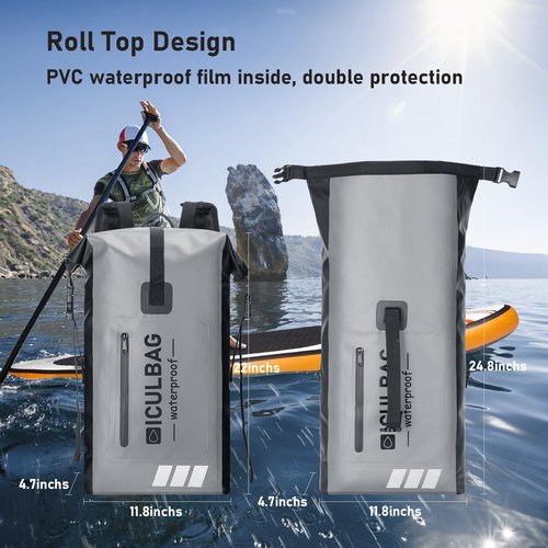 iculbag Dry Bags for Kayaking Waterproof Backpack for Women Men Waterproof Bag For Kayaking Boating Beach Travel Dry Bag Gray 20L