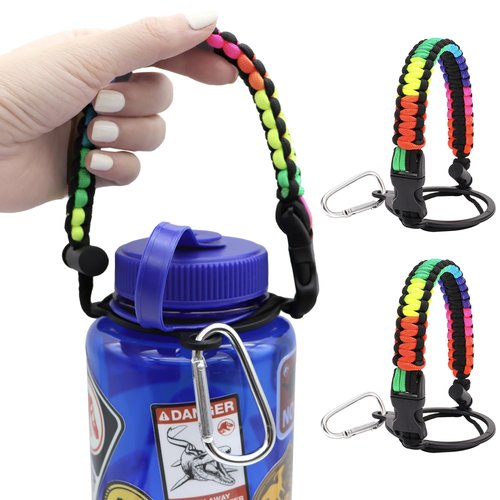 LUTQ 2 Packs Cap Strap for 32oz Wide Mouth Nalgene Bottles - Durable Paracord Strap with Aluminum Alloy Safety Buckle - Handle Compatible with Nalgene - Rainbow