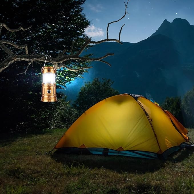 Solar Camping Lantern for Power Outages - USB Rechargeable Lamp Camping Essentials，Collapsible Portable Waterproof Solar Lights for Indoor Outdoor Emergency Light/Gold